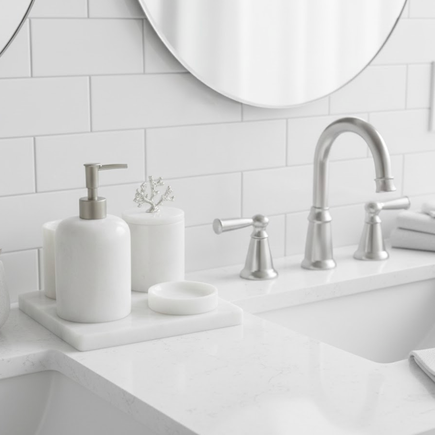 White Marble Bathroom Set with Silver Coral Detail (5 Pieces, Handcrafted)