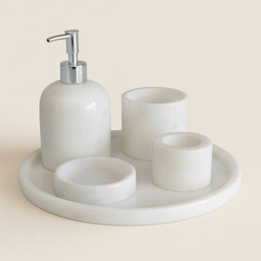 White Marble Bathroom Set with Candle Holder (5 Pieces, Handcrafted)