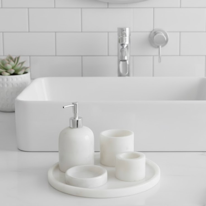 White Marble Bathroom Set with Candle Holder (5 Pieces, Handcrafted)