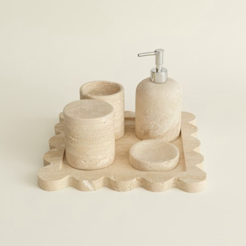 Travertine Bathroom Set with Decorative Floral Tray (5 Pieces, Handcrafted)