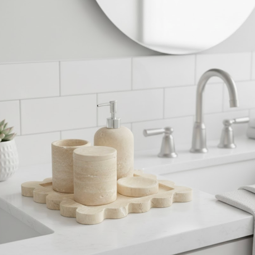 Travertine Bathroom Set with Decorative Floral Tray (5 Pieces, Handcrafted)