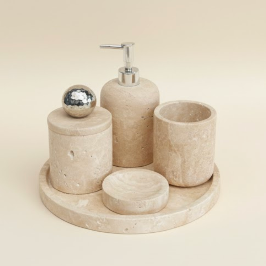 Travertine Bathroom Set with Brass Chrome Detail (5 Pieces, Handcrafted)