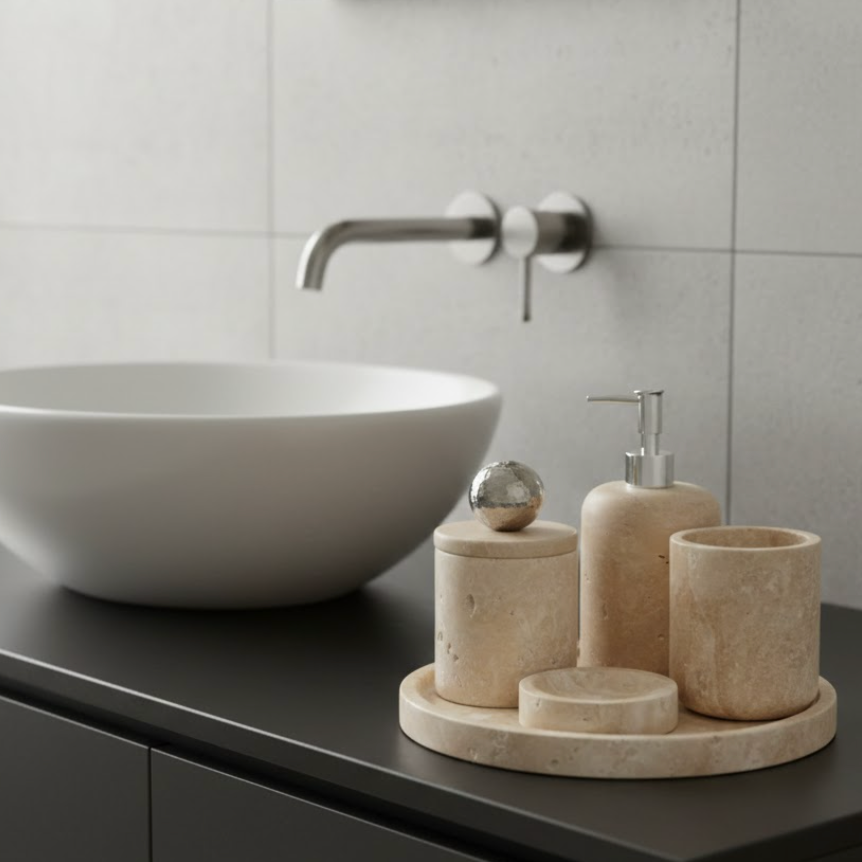 Travertine Bathroom Set with Brass Chrome Detail (5 Pieces, Handcrafted)