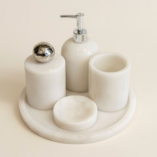 White Marble Bathroom Set (5 Pieces, Handcrafted)