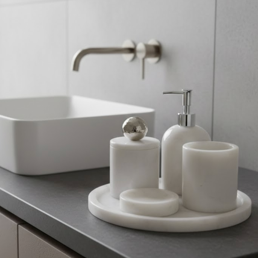 White Marble Bathroom Set (5 Pieces, Handcrafted)