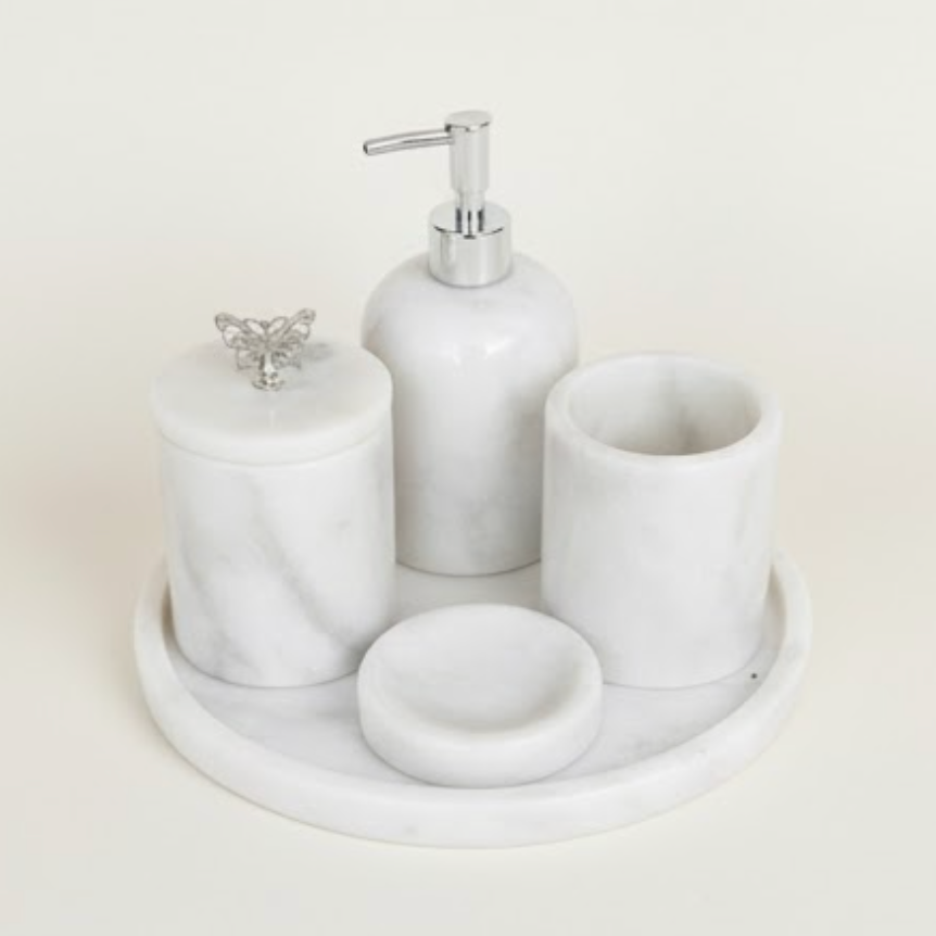 White & Grey Veined Marble Bathroom Set with Silver Butterfly Detail (5 Pieces, Handcrafted)