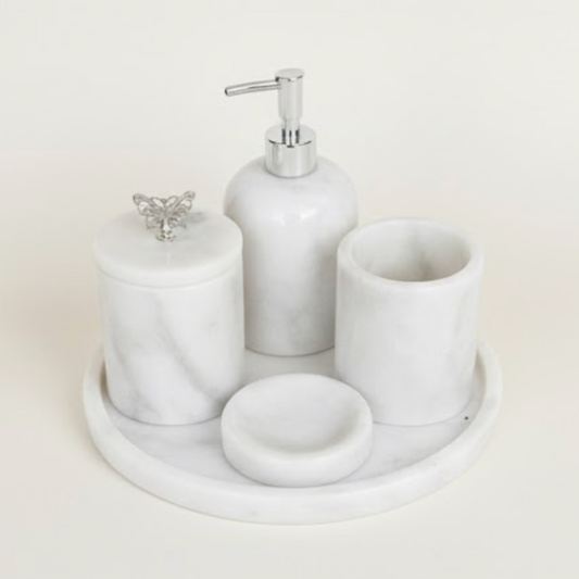 White & Grey Veined Marble Bathroom Set with Silver Butterfly Detail (5 Pieces, Handcrafted)