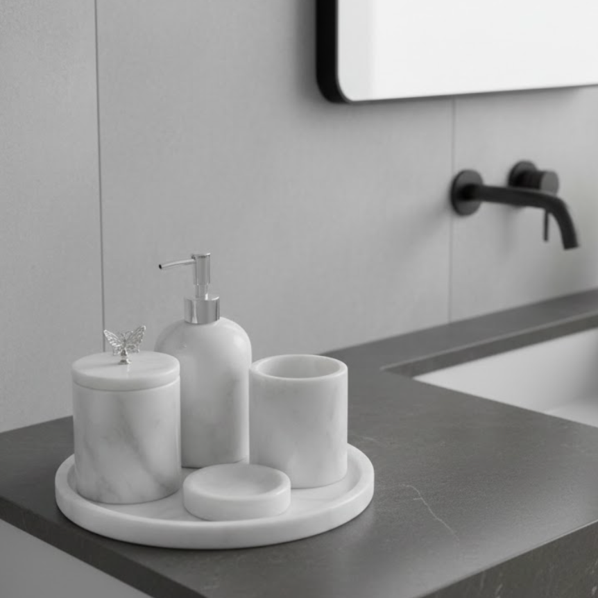White & Grey Veined Marble Bathroom Set with Silver Butterfly Detail (5 Pieces, Handcrafted)