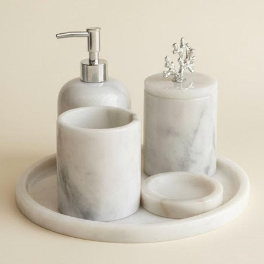 White & Grey Veined Marble Bathroom Set with Silver Coral Detail (5 Pieces, Handcrafted)