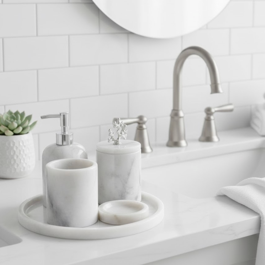 White & Grey Veined Marble Bathroom Set with Silver Coral Detail (5 Pieces, Handcrafted)