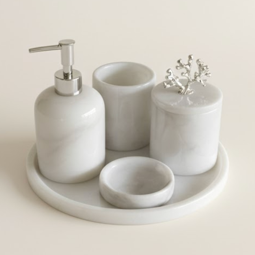White & Grey Veined Marble Bathroom Set with Silver Coral Detail (5 Pieces, Handcrafted)