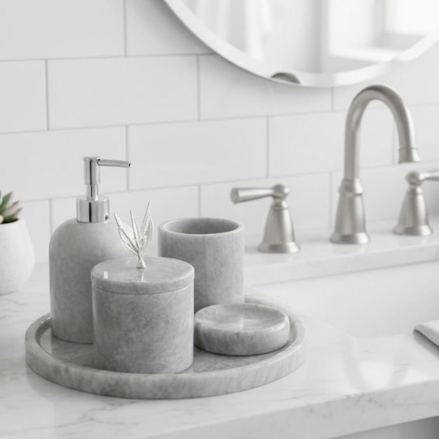 Grey Marble Bathroom Set (5 Pieces, Handcrafted)