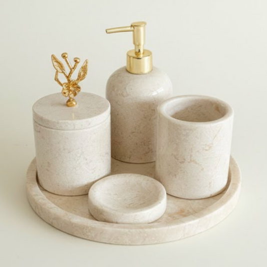 Beige Marble Bathroom Set (5 Pieces, Handcrafted)