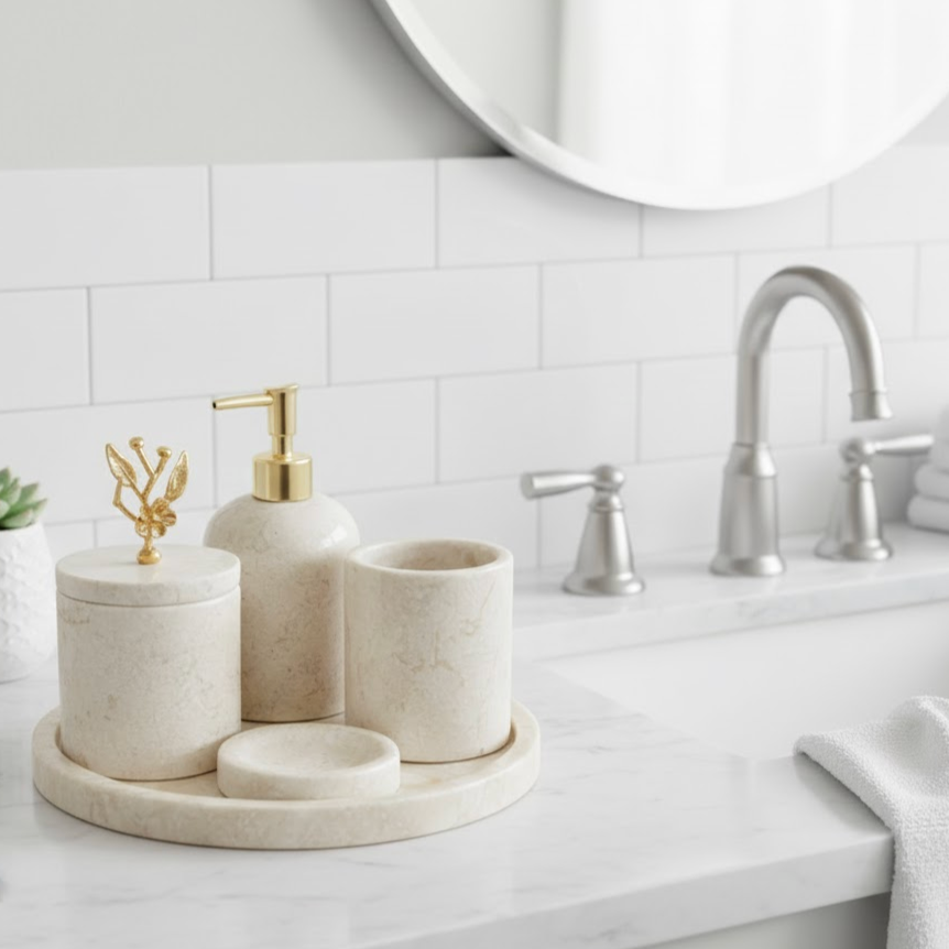 Beige Marble Bathroom Set (5 Pieces, Handcrafted)