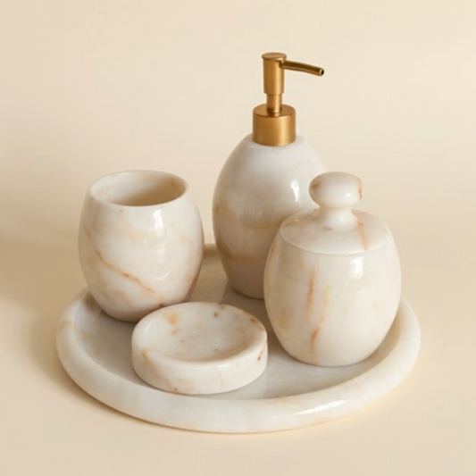 Honey Marble Bathroom Set – Oval Model (5 Pieces, Handcrafted)