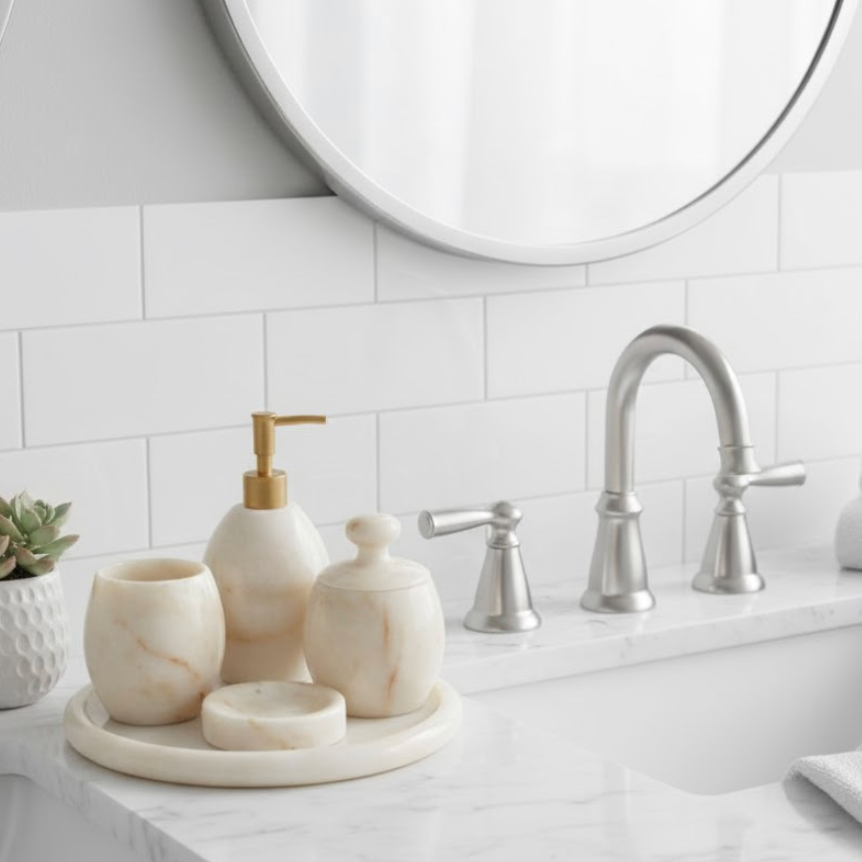 Honey Marble Bathroom Set – Oval Model (5 Pieces, Handcrafted)