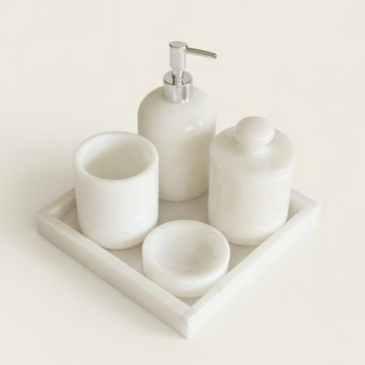 White Marble Bathroom Set with Square Tray (5 Pieces, Handcrafted)