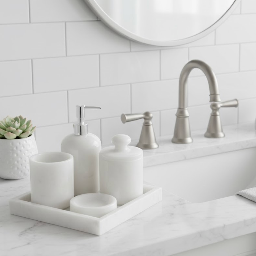 White Marble Bathroom Set with Square Tray (5 Pieces, Handcrafted)