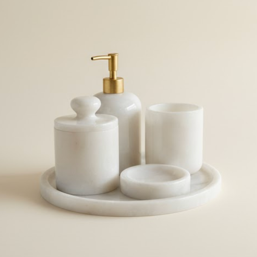 White Marble Bathroom Set – Matte Gold Pump & Self-Grip Cotton Jar (5 Pieces, Handcrafted)
