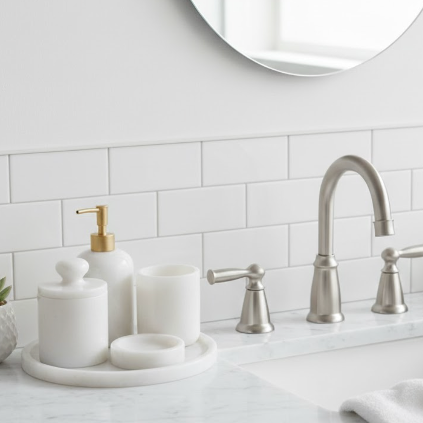 White Marble Bathroom Set – Matte Gold Pump & Self-Grip Cotton Jar (5 Pieces, Handcrafted)