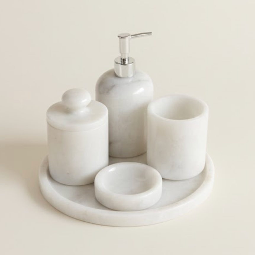 White Marble Bathroom Set – Silver Pump & Self-Grip Cotton Jar (5 Pieces, Handcrafted)