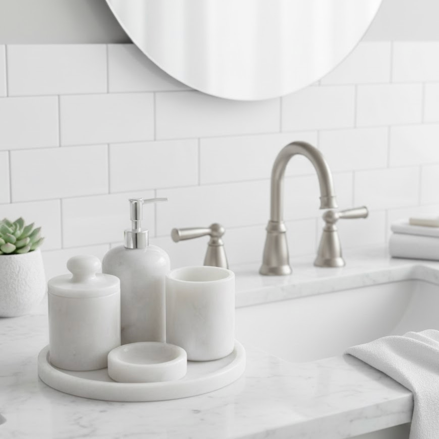 White Marble Bathroom Set – Silver Pump & Self-Grip Cotton Jar (5 Pieces, Handcrafted)