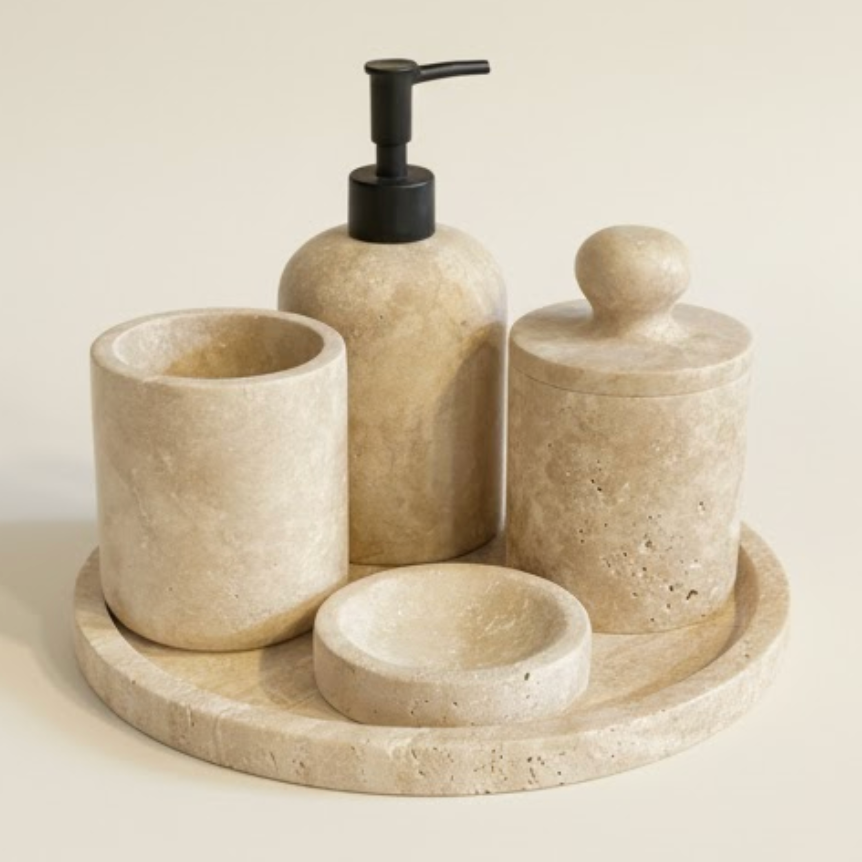 Beige Travertine Bathroom Set – Self-Grip Cotton Jar (5 Pieces, Handcrafted)