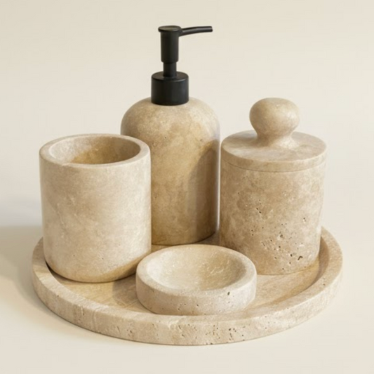 Beige Travertine Bathroom Set – Self-Grip Cotton Jar (5 Pieces, Handcrafted)