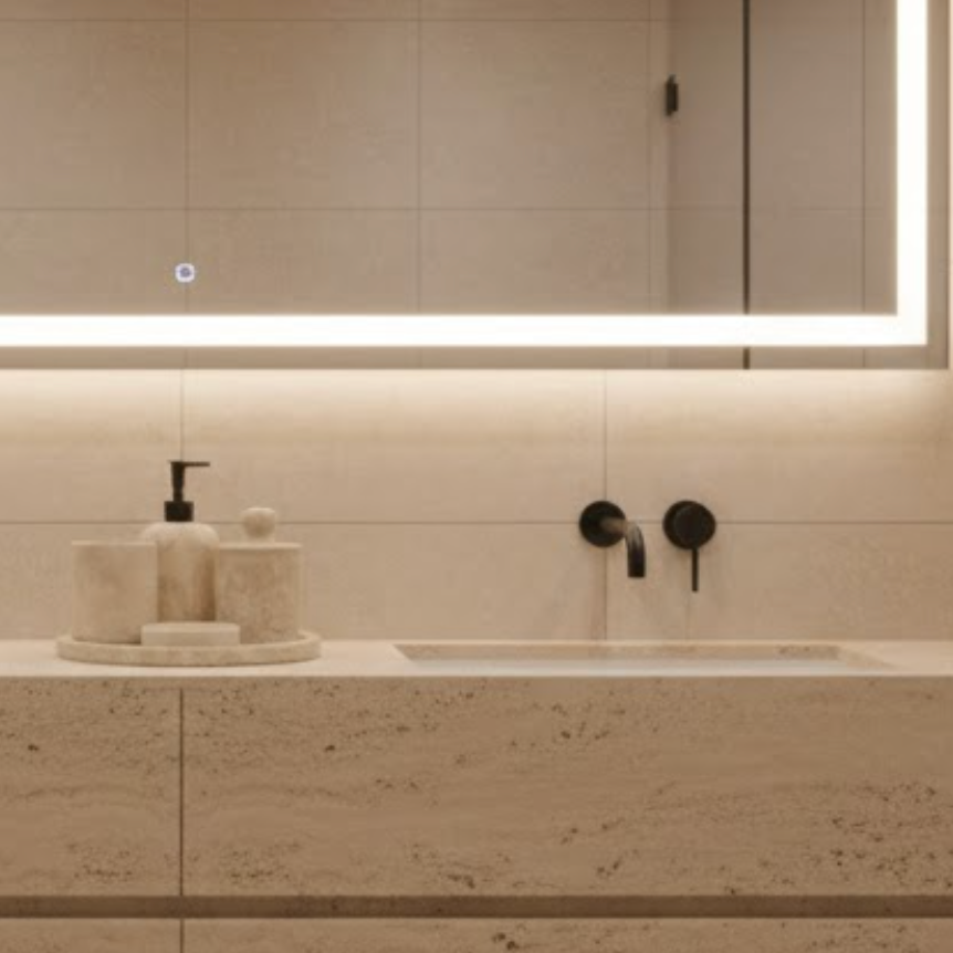 Beige Travertine Bathroom Set – Self-Grip Cotton Jar (5 Pieces, Handcrafted)