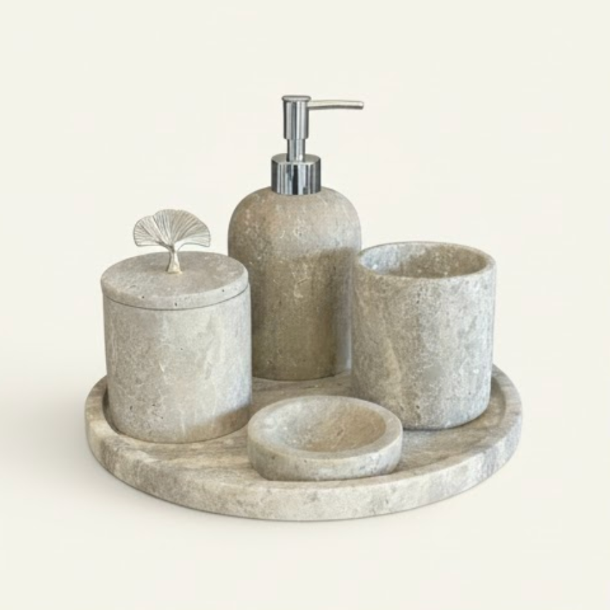 Travertine Bathroom Set with Silver Accessories (5 Pieces, Handcrafted)