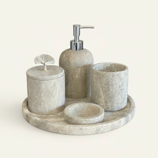 Travertine Bathroom Set with Silver Accessories (5 Pieces, Handcrafted)