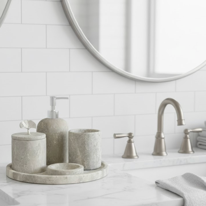 Travertine Bathroom Set with Silver Accessories (5 Pieces, Handcrafted)