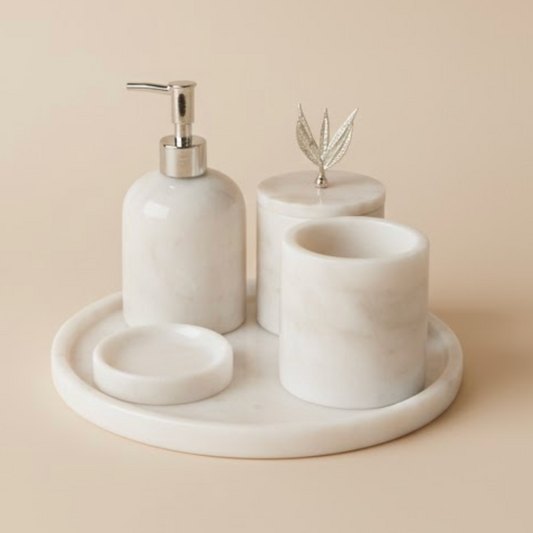 White Marble Bathroom Set with Silver Olive Branch Detail (5 Pieces, Handcrafted)