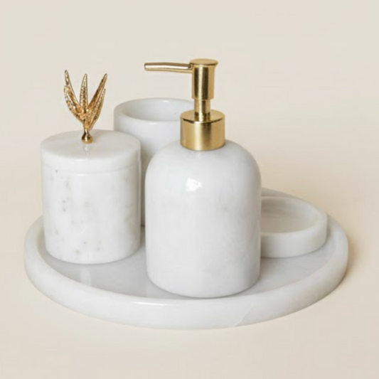 White Marble Bathroom Set with Gold Olive Branch Detail (5 Pieces, Handcrafted)