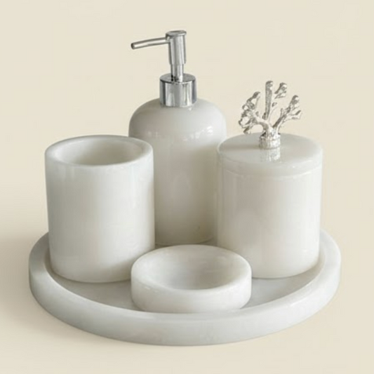 White Marble Bathroom Set with Silver Coral Detail (5 Pieces, Handcrafted)