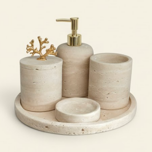 Travertine Bathroom Set with Gold Coral Detail (5 Pieces, Handcrafted)