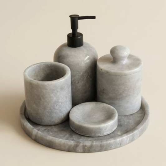 Grey Marble Bathroom Set – Black Pump & Self-Grip Cotton Jar (5 Pieces, Handcrafted)