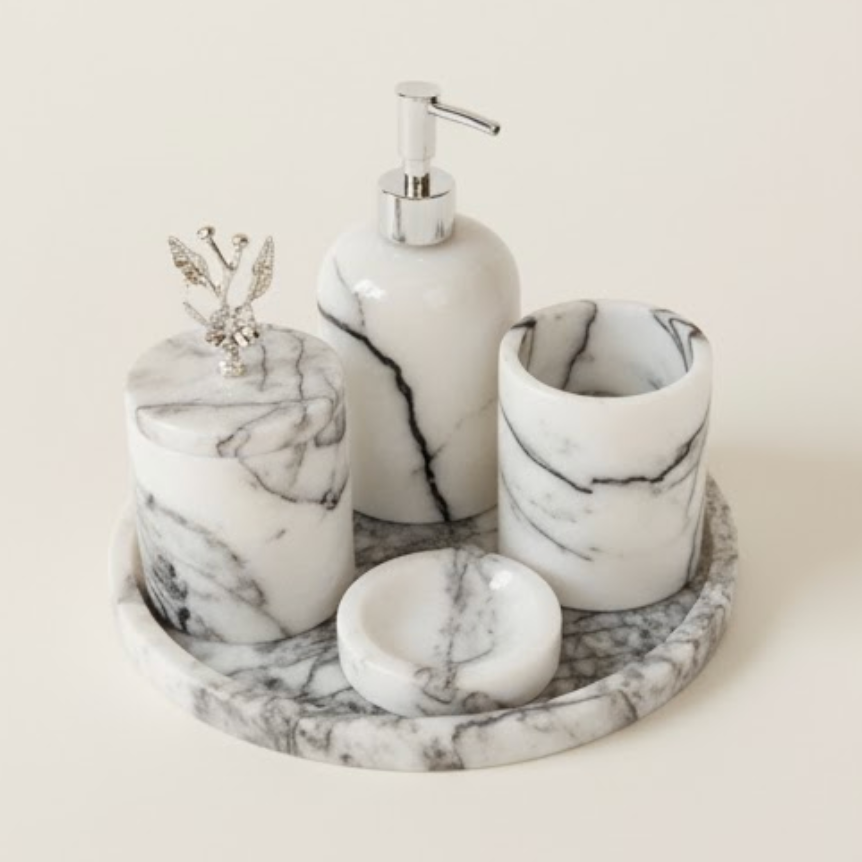Lilac Purple Marble Bathroom Set with Silver Detail (5 Pieces, Handcrafted)