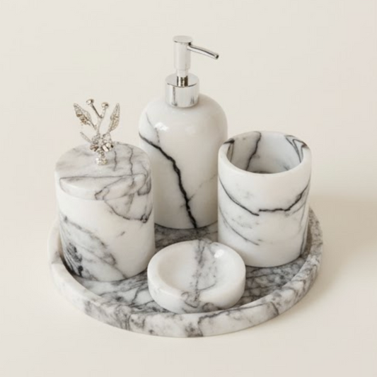Lilac Purple Marble Bathroom Set with Silver Detail (5 Pieces, Handcrafted)