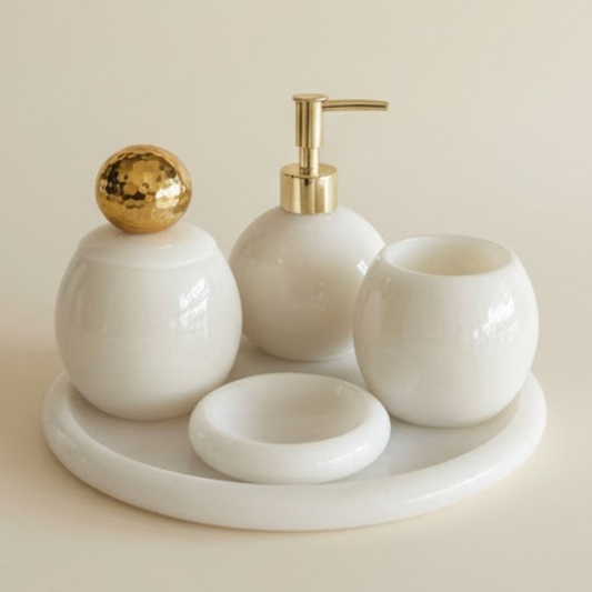 White Marble Bathroom Set – Oval Model (5 Pieces, Handcrafted)