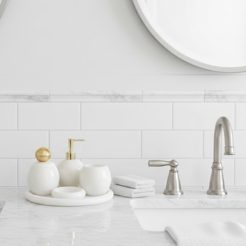 White Marble Bathroom Set – Oval Model (5 Pieces, Handcrafted)