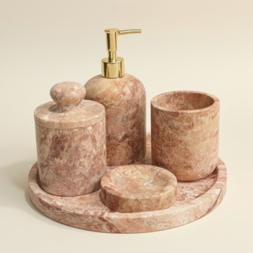 Red Travertine Bathroom Set – Self-Grip Cotton Jar (5 Pieces, Handcrafted)
