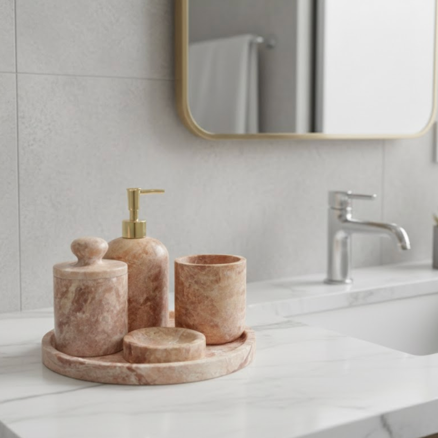 Red Travertine Bathroom Set – Self-Grip Cotton Jar (5 Pieces, Handcrafted)