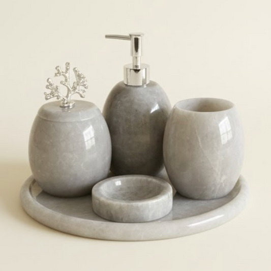 Grey Marble Bathroom Set with Silver Coral Detail – Oval Model (5 Pieces, Handcrafted)