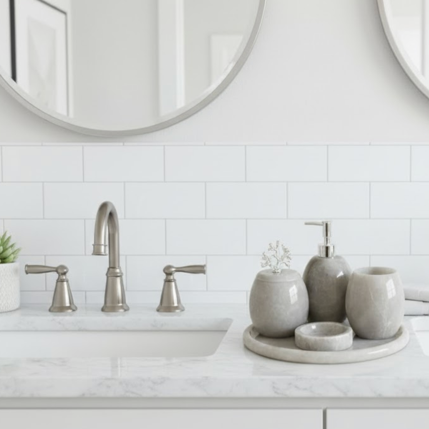 Grey Marble Bathroom Set with Silver Coral Detail – Oval Model (5 Pieces, Handcrafted)