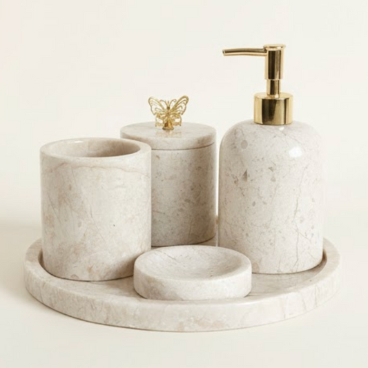 Beige Marble Bathroom Set with Gold Transparent Butterfly Detail (5 Pieces, Handcrafted)