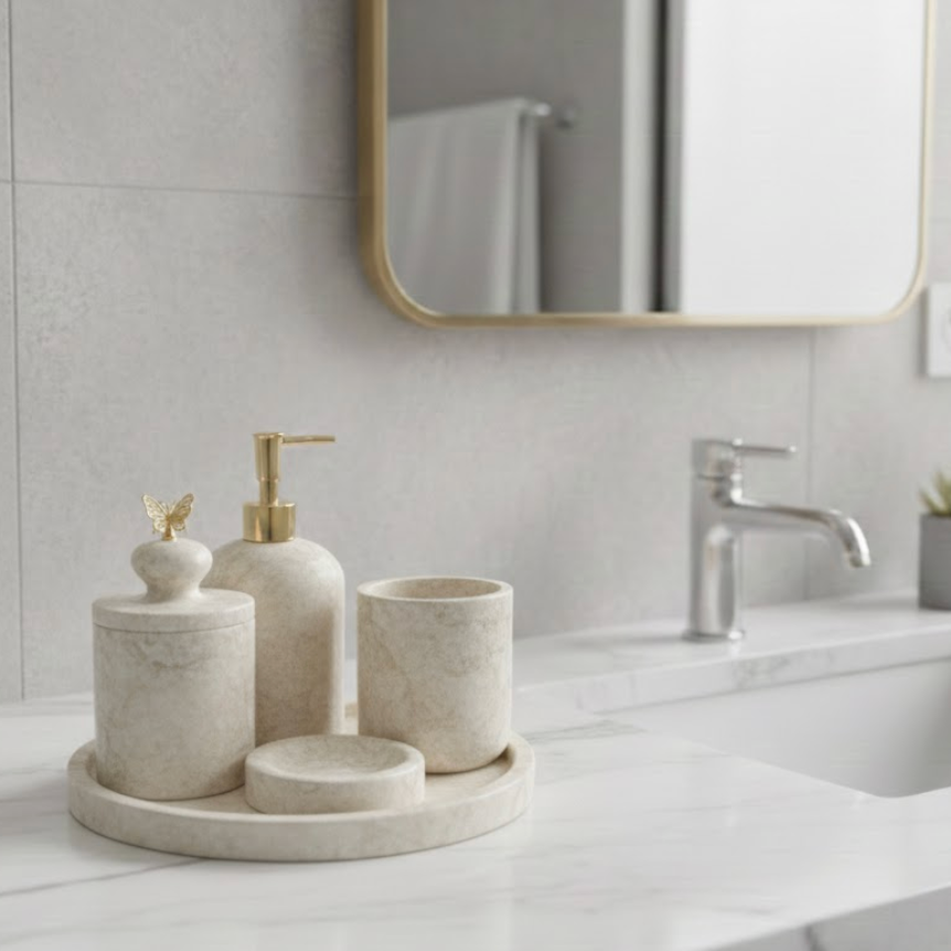 Beige Marble Bathroom Set with Gold Transparent Butterfly Detail (5 Pieces, Handcrafted)