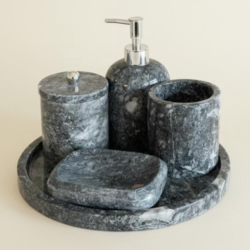 Black Marble Bathroom Set – Tray (5 Pieces, Handcrafted)