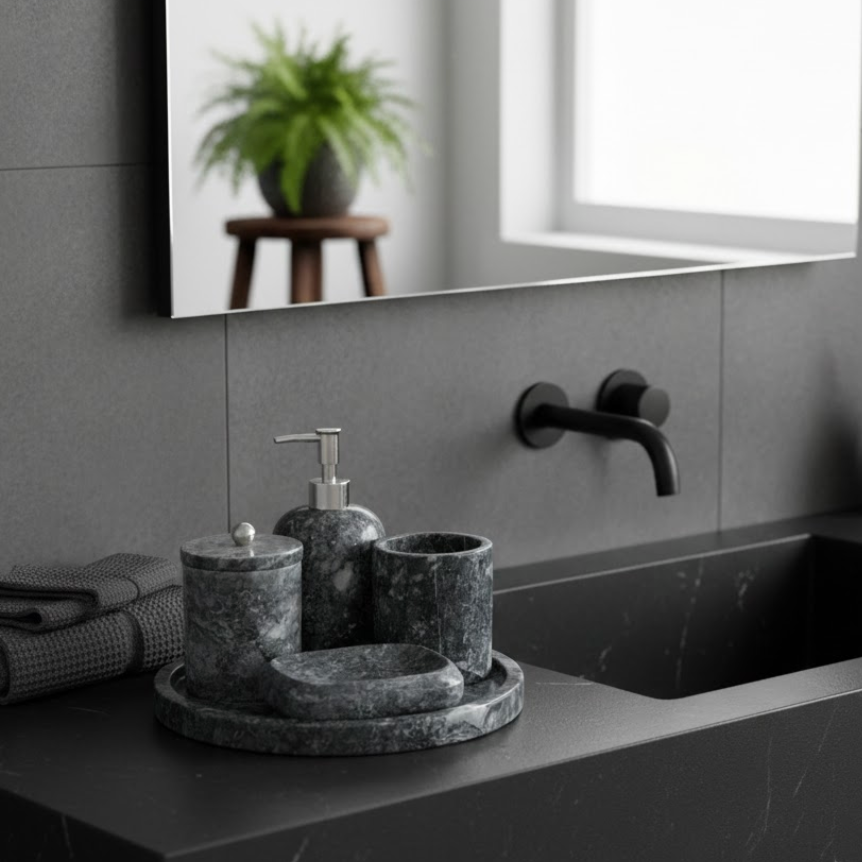 Black Marble Bathroom Set – Tray (5 Pieces, Handcrafted)