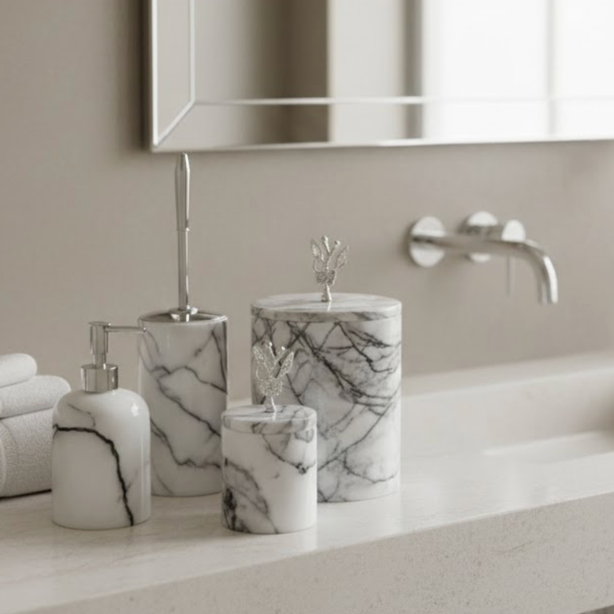 Lilac Marble Bathroom Set with Silver Detail (4 Pieces, Handcrafted)